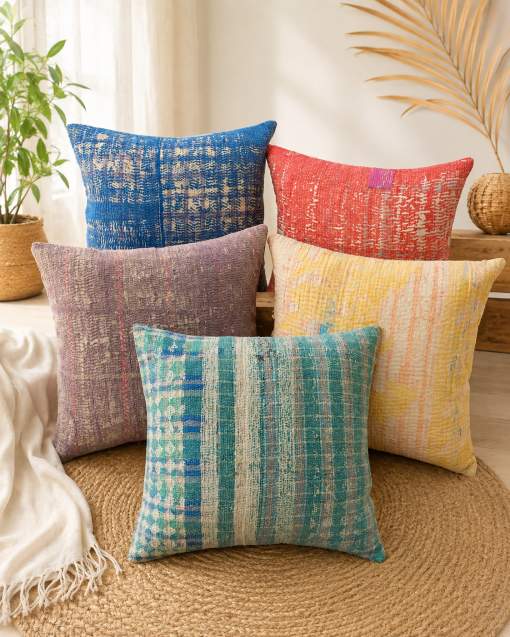 Set of 5 Vintage Kantha Pillow Covers 18x18 Inches – Handmade Patchwork Cushion Covers, Boho Indian Home Decor