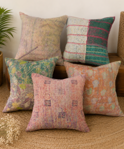 Set of 5 Vintage Kantha Pillow Covers 18x18 Inches – Handmade Patchwork Cushion Covers, Boho Indian Home Decor