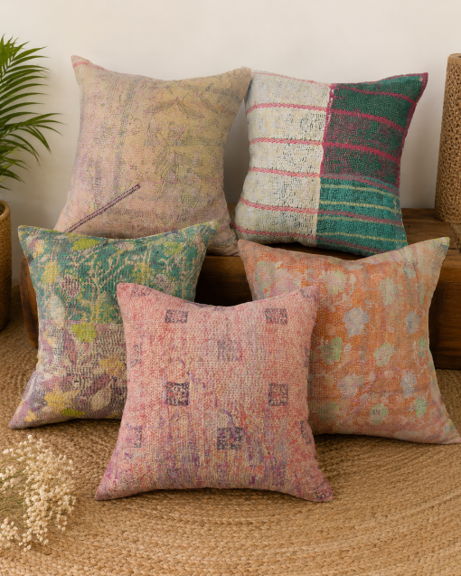Set of 5 Vintage Kantha Pillow Covers 18x18 Inches – Handmade Patchwork Cushion Covers, Boho Indian Home Decor