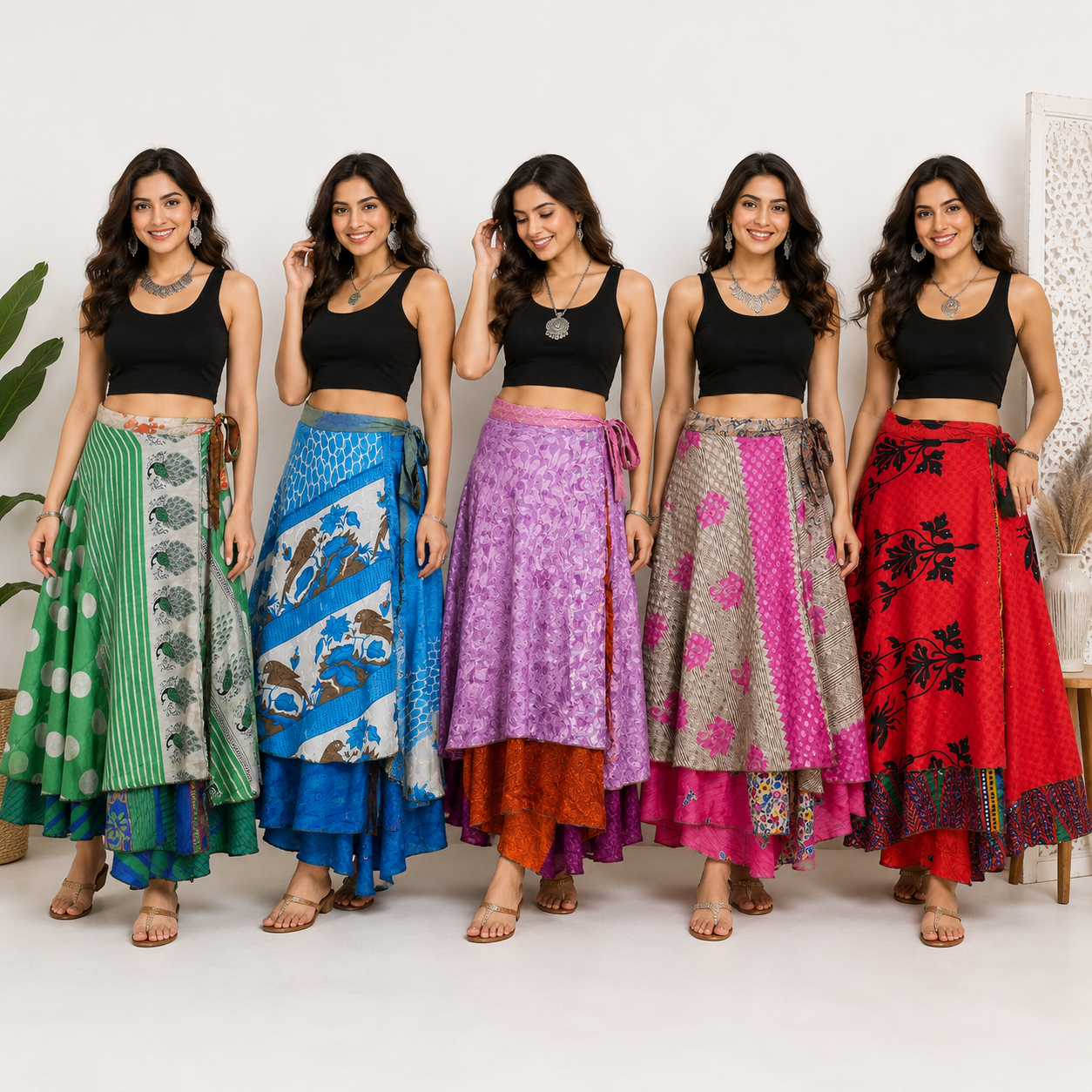 5 Pcs Assorted Silk Wrap Skirts – Long Boho Recycled Sari Wrap Skirt Wholesale Lot for Women - Image 4