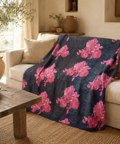 Navy Rose Vintage Kantha Quilt – Hand-Stitched Reversible Sari Throw, Twin | EBY-TW-250