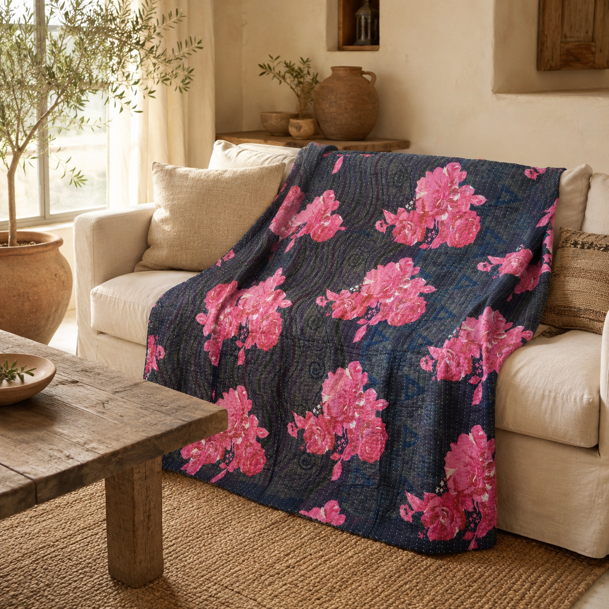 Navy Rose Vintage Kantha Quilt – Hand-Stitched Reversible Sari Throw, Twin | EBY-TW-250