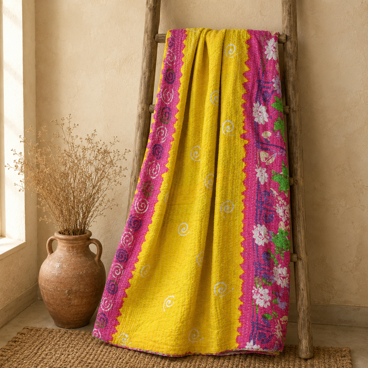 Yellow Magenta Colourblock Vintage Kantha Quilt – Hand-Stitched Reversible Sari Throw, Twin | EBY-TW-251 - Image 6