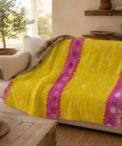 Yellow Magenta Colourblock Vintage Kantha Quilt – Hand-Stitched Reversible Sari Throw, Twin | EBY-TW-251