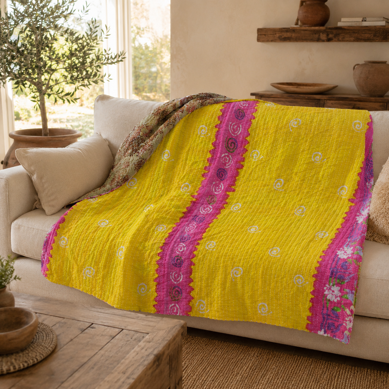 Yellow Magenta Colourblock Vintage Kantha Quilt – Hand-Stitched Reversible Sari Throw, Twin | EBY-TW-251