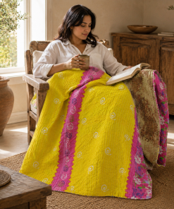 Alternative view of Yellow Magenta Colourblock Vintage Kantha Quilt – Hand-Stitched Reversible Sari Throw, Twin | EBY-TW-251