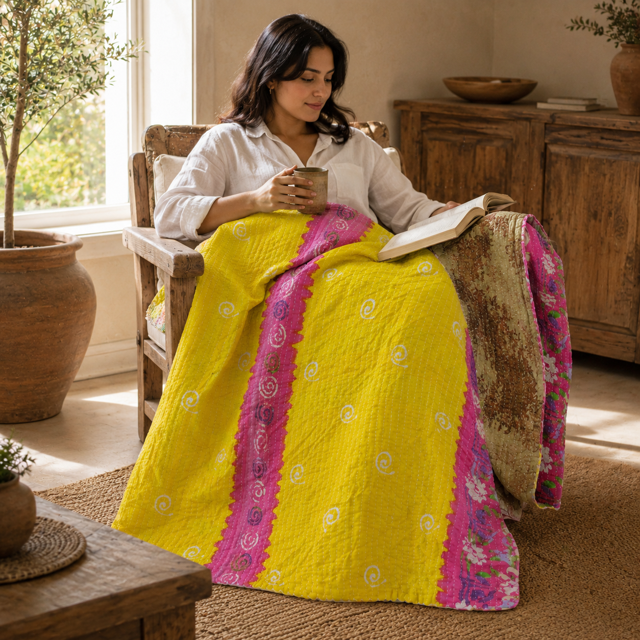 Yellow Magenta Colourblock Vintage Kantha Quilt – Hand-Stitched Reversible Sari Throw, Twin | EBY-TW-251 - Image 2