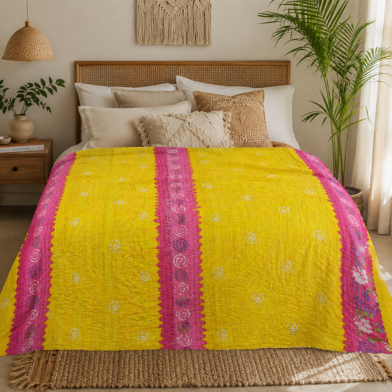 Yellow Magenta Colourblock Vintage Kantha Quilt – Hand-Stitched Reversible Sari Throw, Twin | EBY-TW-251 - Image 3