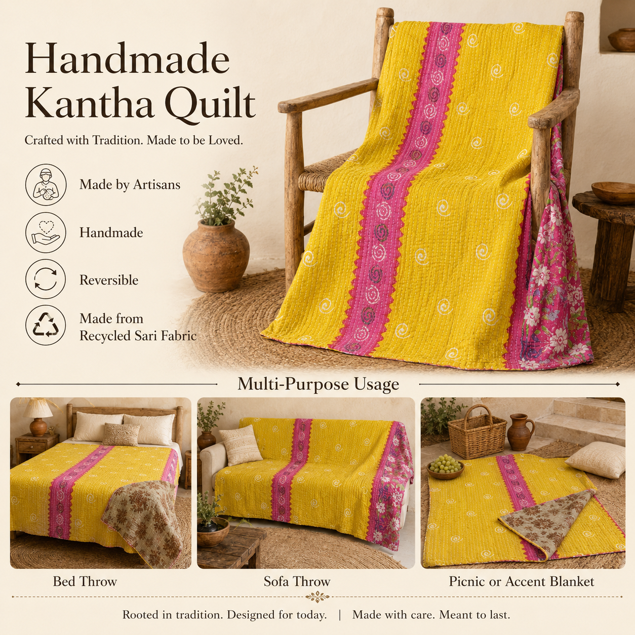 Yellow Magenta Colourblock Vintage Kantha Quilt – Hand-Stitched Reversible Sari Throw, Twin | EBY-TW-251 - Image 4