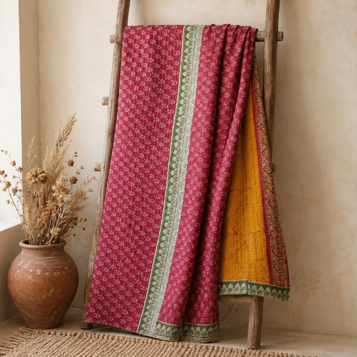 Magenta Vintage Kantha Quilt – Hand-Stitched Reversible Sari Throw, Twin | EBY-TW-252 - Image 5