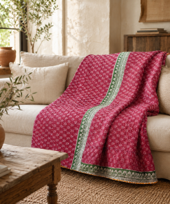 Magenta Vintage Kantha Quilt – Hand-Stitched Reversible Sari Throw, Twin | EBY-TW-252