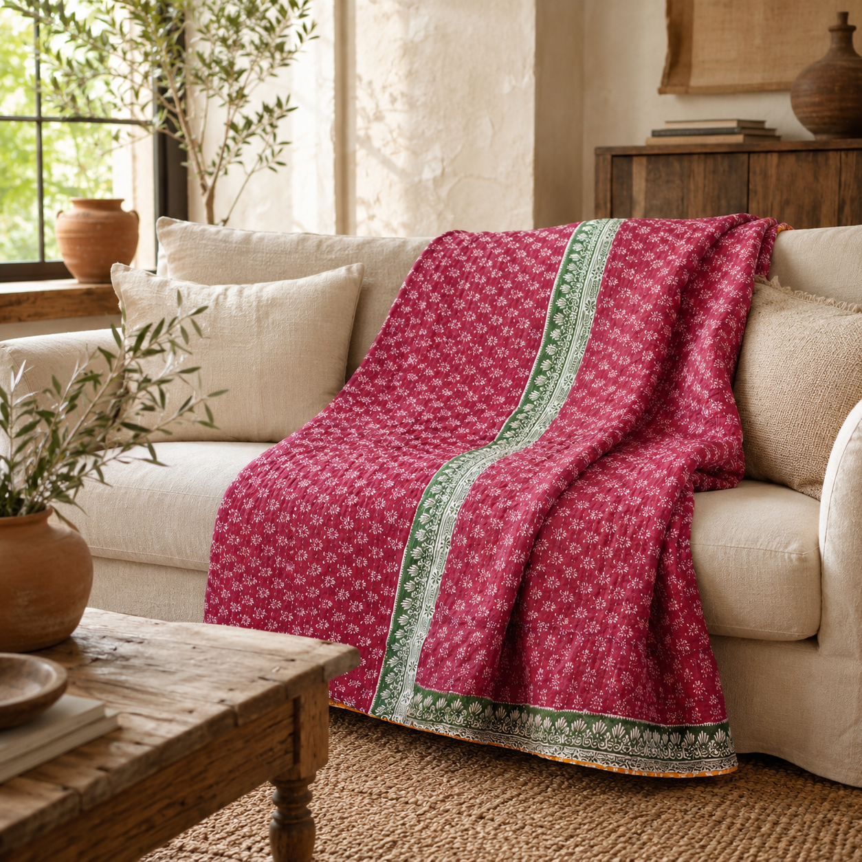 Magenta Vintage Kantha Quilt – Hand-Stitched Reversible Sari Throw, Twin | EBY-TW-252