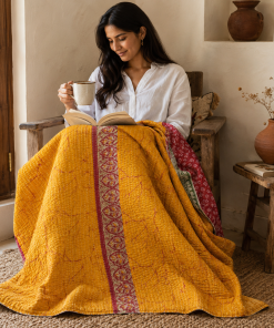 Alternative view of Magenta Vintage Kantha Quilt – Hand-Stitched Reversible Sari Throw, Twin | EBY-TW-252