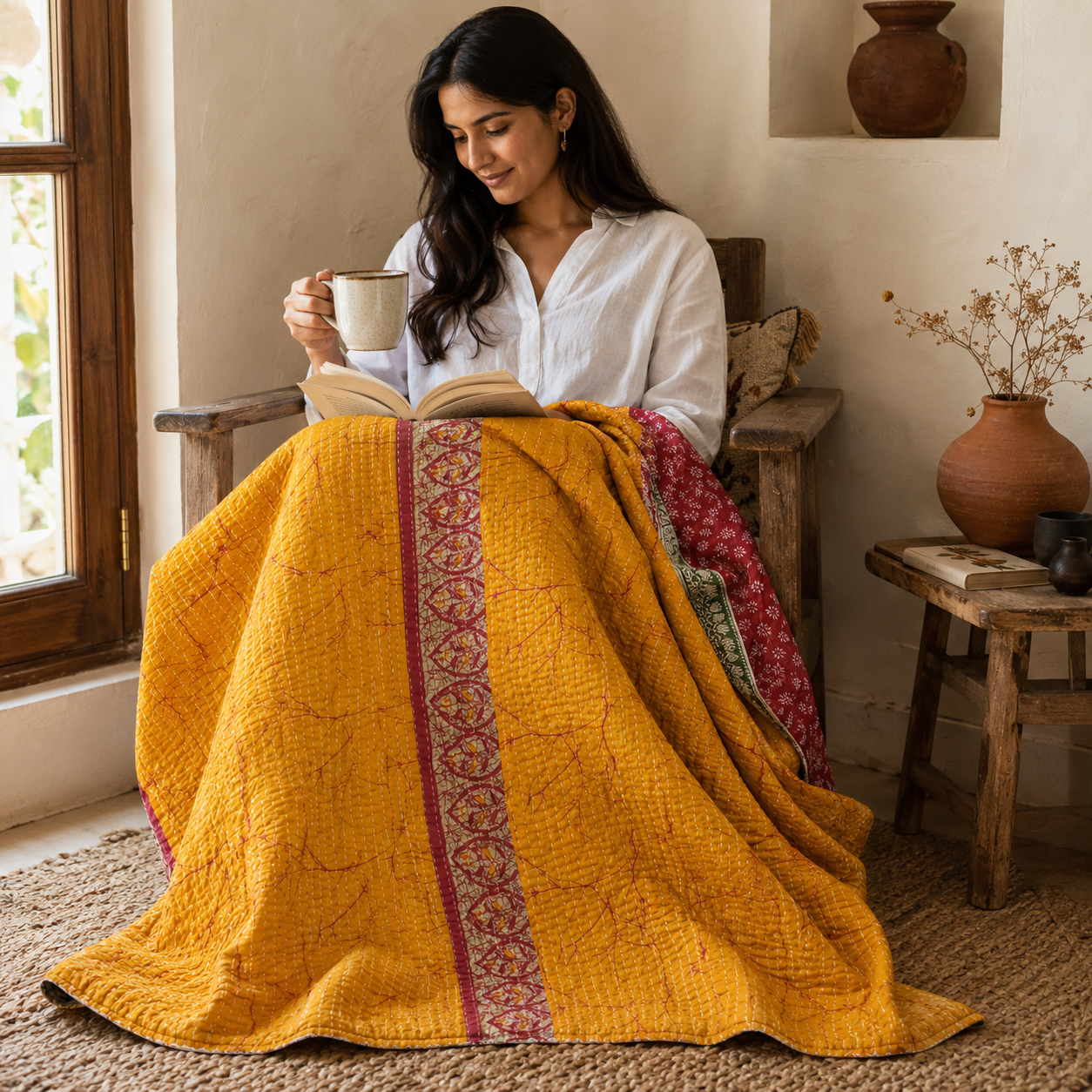 Magenta Vintage Kantha Quilt – Hand-Stitched Reversible Sari Throw, Twin | EBY-TW-252 - Image 2