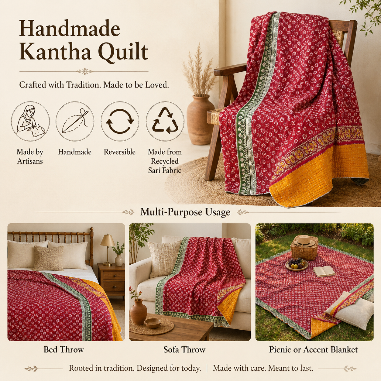 Magenta Vintage Kantha Quilt – Hand-Stitched Reversible Sari Throw, Twin | EBY-TW-252 - Image 4