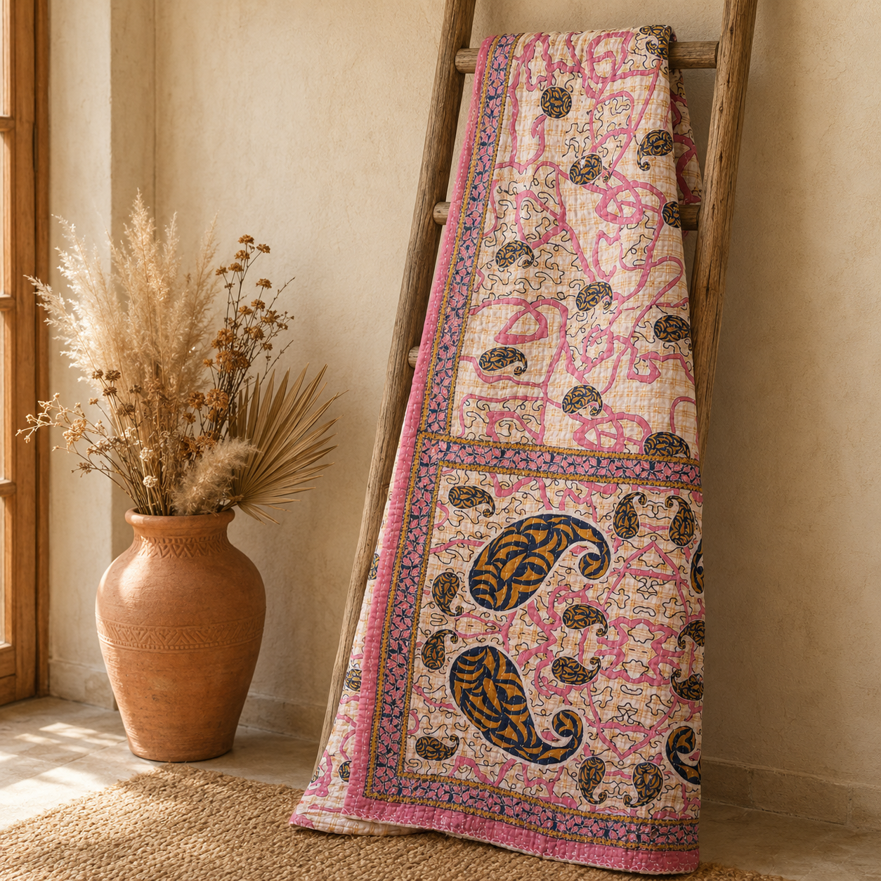 Blush Paisley Vintage Kantha Quilt – Hand-Stitched Reversible Sari Throw, Twin | EBY-TW-253 - Image 5