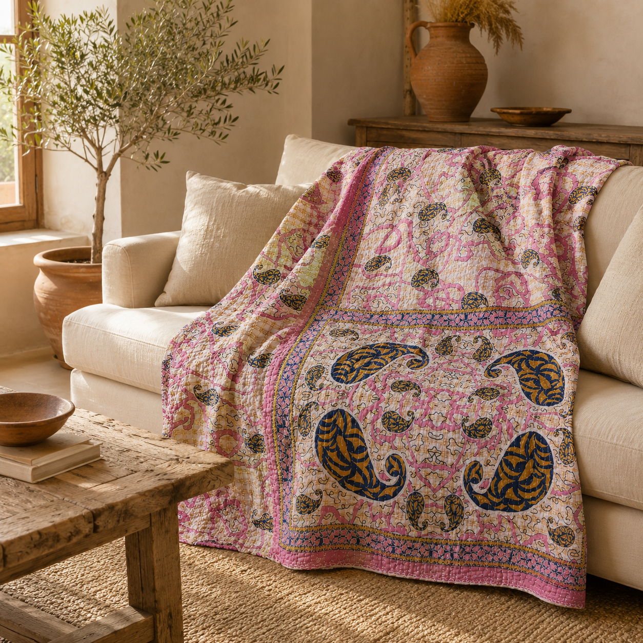 Blush Paisley Vintage Kantha Quilt – Hand-Stitched Reversible Sari Throw, Twin | EBY-TW-253