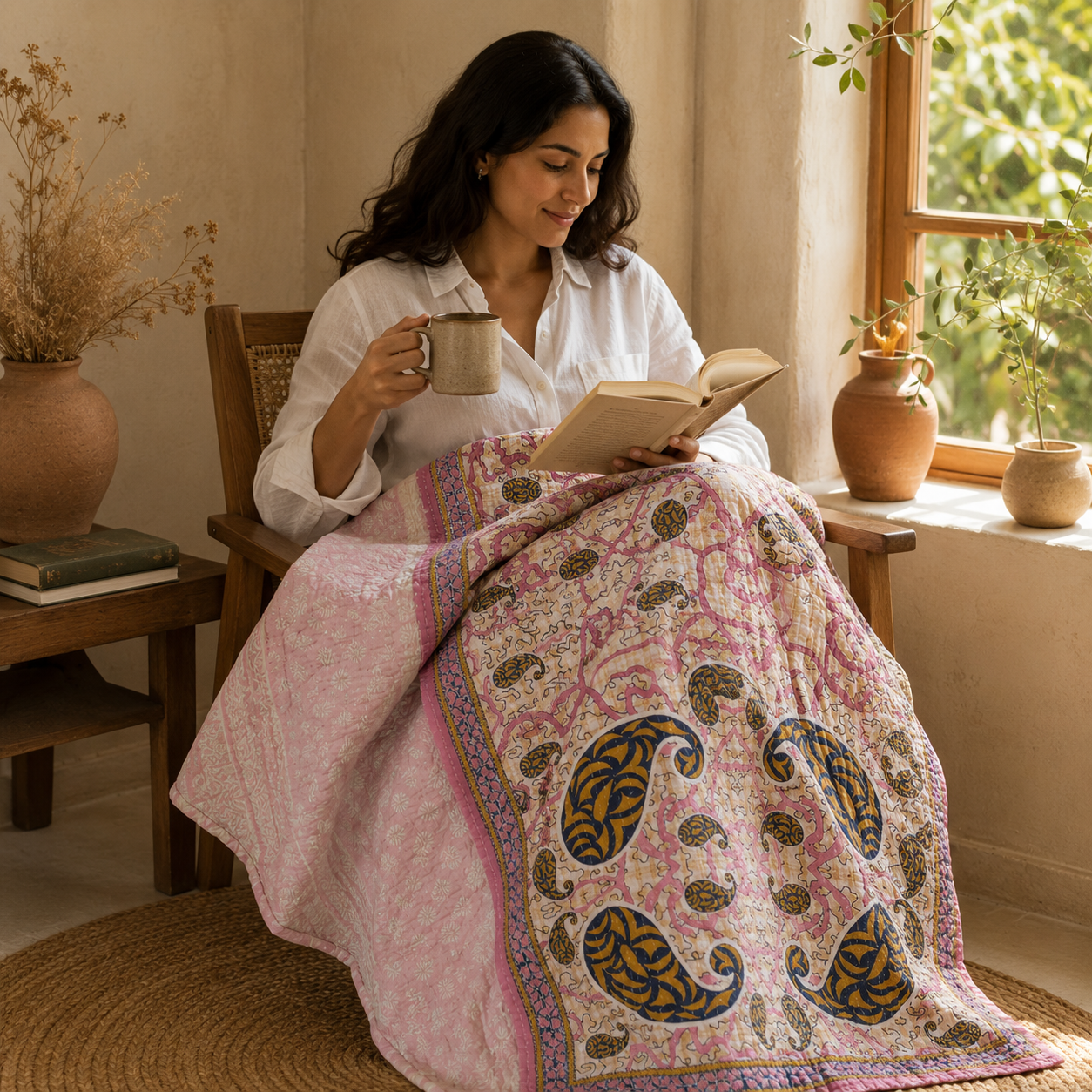 Blush Paisley Vintage Kantha Quilt – Hand-Stitched Reversible Sari Throw, Twin | EBY-TW-253 - Image 2