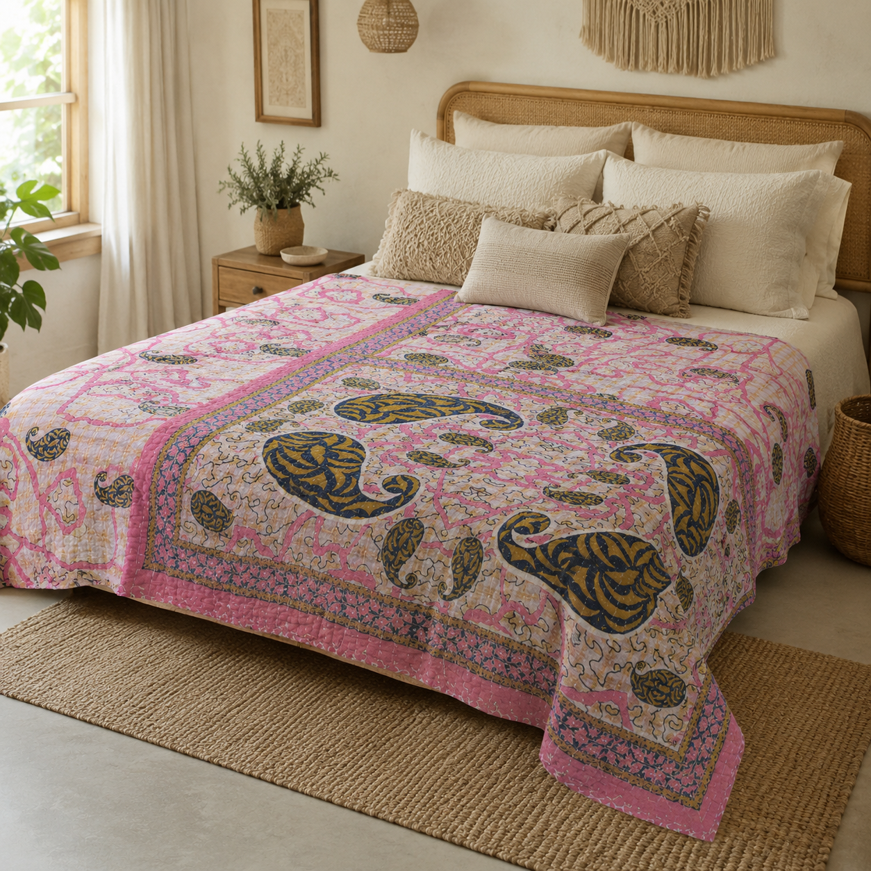 Blush Paisley Vintage Kantha Quilt – Hand-Stitched Reversible Sari Throw, Twin | EBY-TW-253 - Image 3