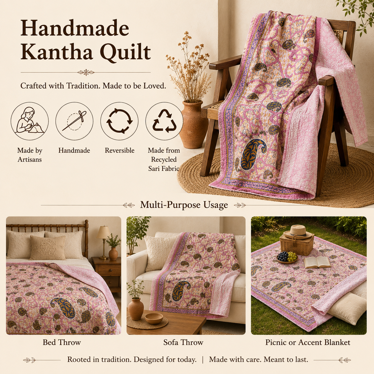 Blush Paisley Vintage Kantha Quilt – Hand-Stitched Reversible Sari Throw, Twin | EBY-TW-253 - Image 4