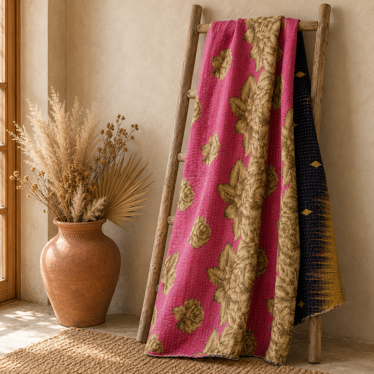 Pink Gold Vintage Kantha Quilt – Hand-Stitched Reversible Sari Throw, Twin | EBY-TW-254 - Image 5