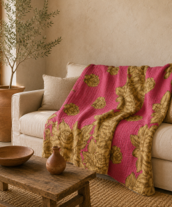 Pink Gold Vintage Kantha Quilt – Hand-Stitched Reversible Sari Throw, Twin | EBY-TW-254
