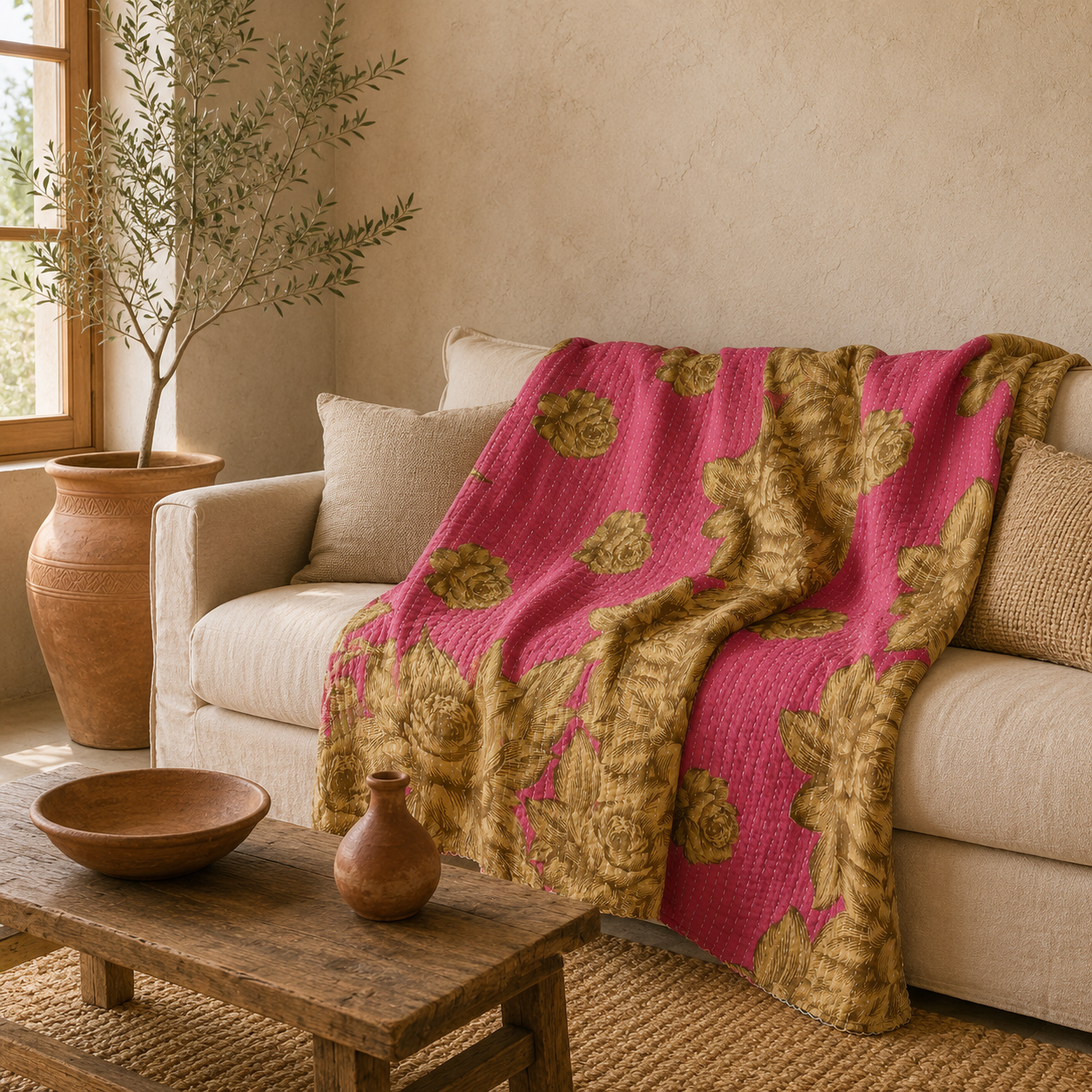Pink Gold Vintage Kantha Quilt – Hand-Stitched Reversible Sari Throw, Twin | EBY-TW-254