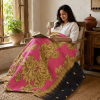 Pink Gold Vintage Kantha Quilt – Hand-Stitched Reversible Sari Throw, Twin | EBY-TW-254 - Image 2