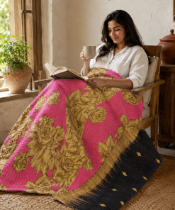 Alternative view of Pink Gold Vintage Kantha Quilt – Hand-Stitched Reversible Sari Throw, Twin | EBY-TW-254