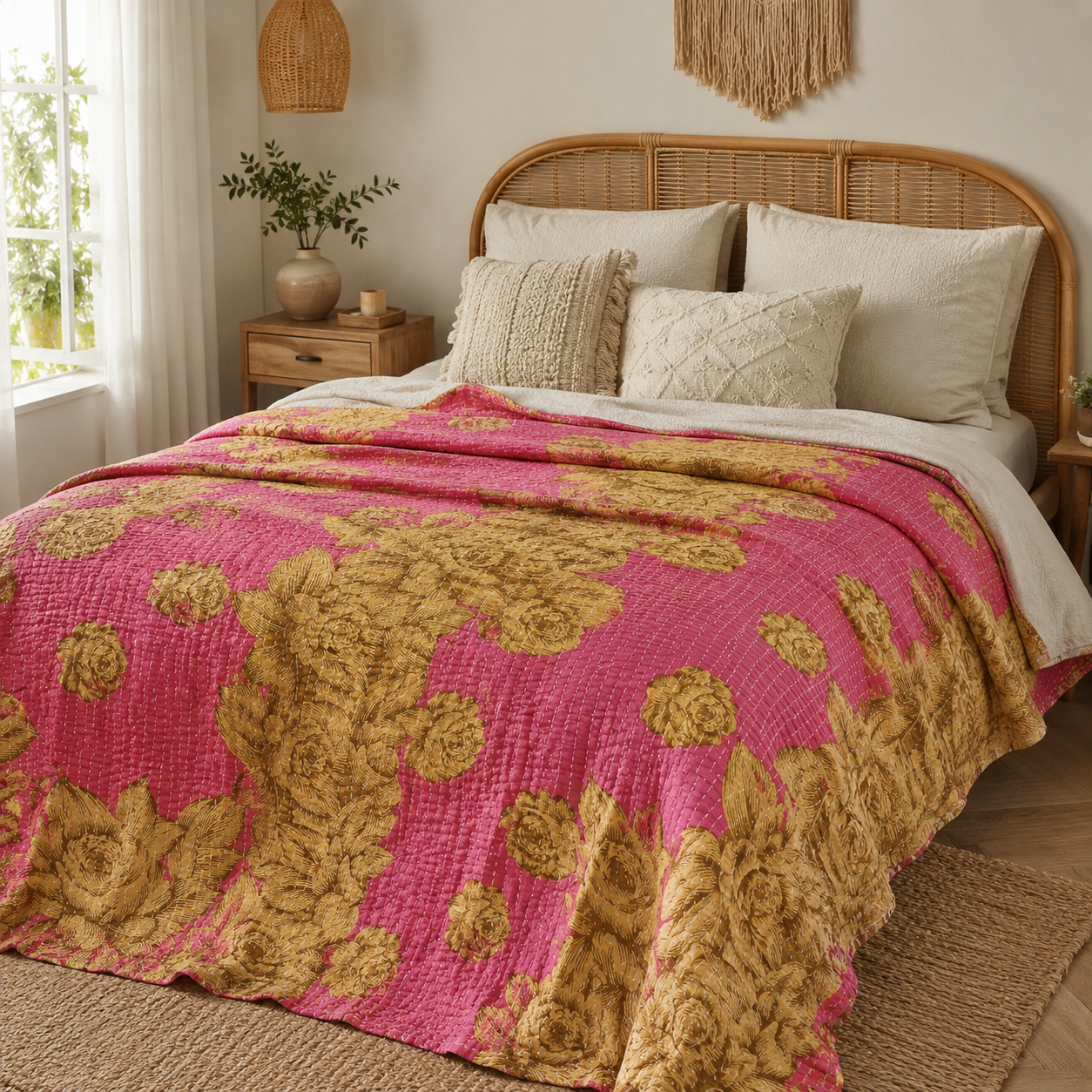 Pink Gold Vintage Kantha Quilt – Hand-Stitched Reversible Sari Throw, Twin | EBY-TW-254 - Image 3