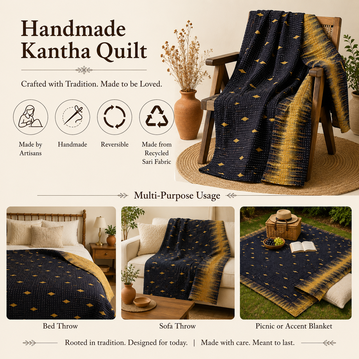 Pink Gold Vintage Kantha Quilt – Hand-Stitched Reversible Sari Throw, Twin | EBY-TW-254 - Image 4