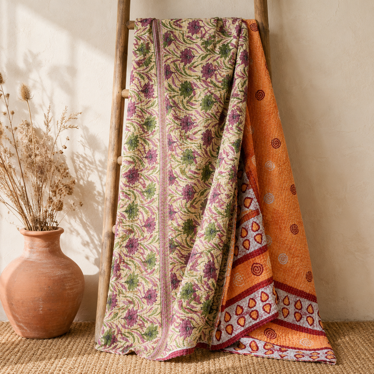 Coral Sunset Vintage Kantha Quilt – Hand-Stitched Reversible Sari Throw, Twin | EBY-TW-255 - Image 5
