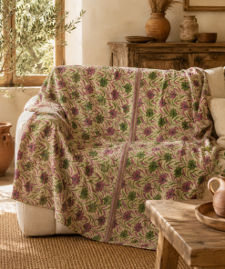 Coral Sunset Vintage Kantha Quilt – Hand-Stitched Reversible Sari Throw, Twin | EBY-TW-255