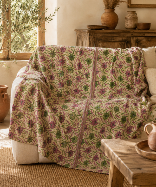 Coral Sunset Vintage Kantha Quilt – Hand-Stitched Reversible Sari Throw, Twin | EBY-TW-255