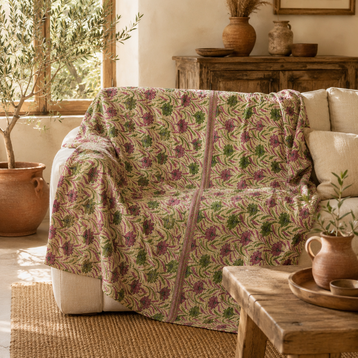 Coral Sunset Vintage Kantha Quilt – Hand-Stitched Reversible Sari Throw, Twin | EBY-TW-255