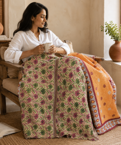 Alternative view of Coral Sunset Vintage Kantha Quilt – Hand-Stitched Reversible Sari Throw, Twin | EBY-TW-255