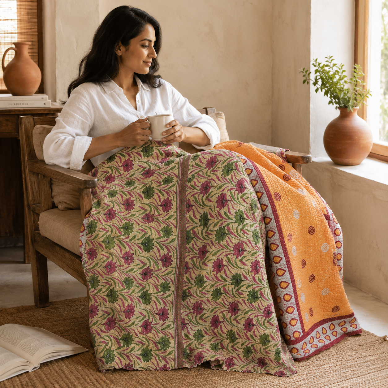 Coral Sunset Vintage Kantha Quilt – Hand-Stitched Reversible Sari Throw, Twin | EBY-TW-255 - Image 2
