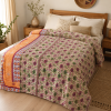 Coral Sunset Vintage Kantha Quilt – Hand-Stitched Reversible Sari Throw, Twin | EBY-TW-255 - Image 3