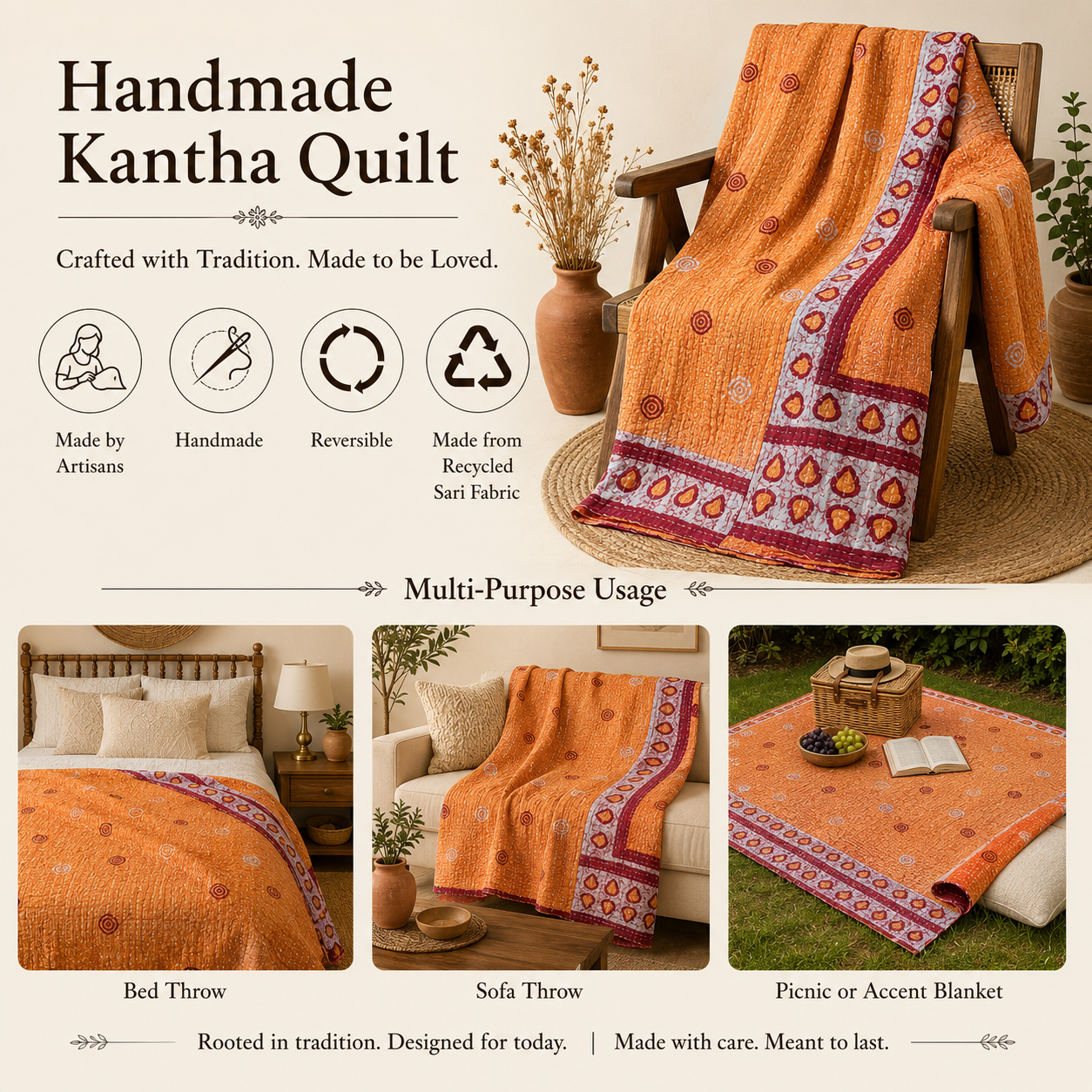 Coral Sunset Vintage Kantha Quilt – Hand-Stitched Reversible Sari Throw, Twin | EBY-TW-255 - Image 4
