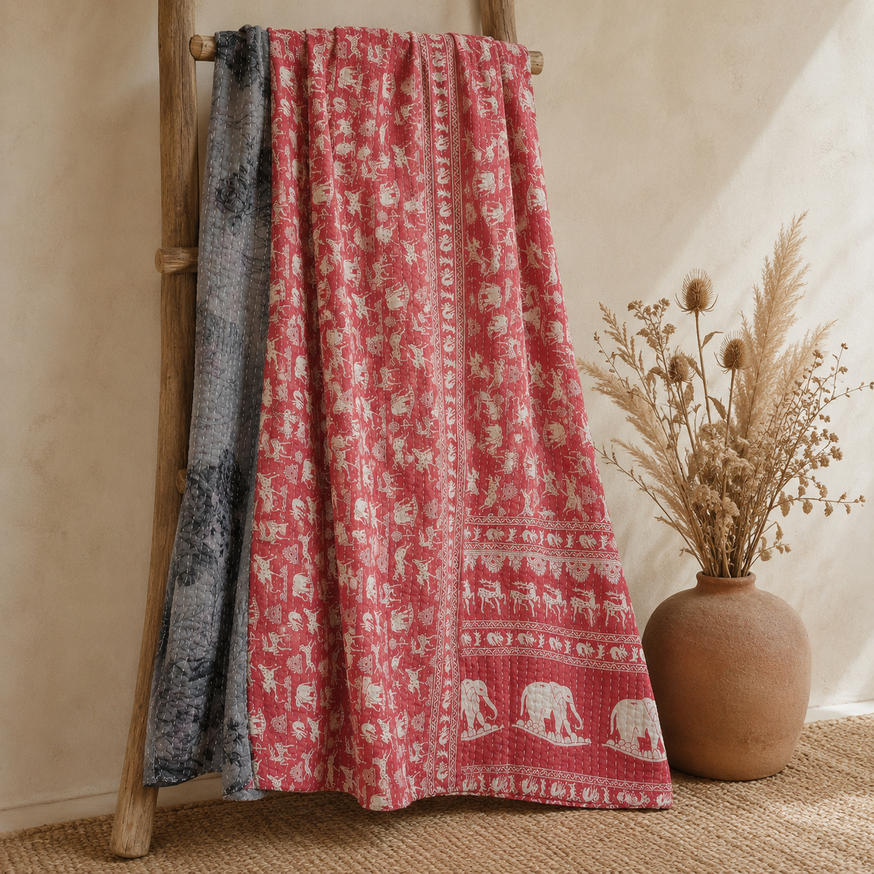 Stone Grey Vintage Kantha Quilt – Hand-Stitched Reversible Sari Throw, Twin | EBY-TW-256 - Image 5
