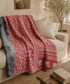 Stone Grey Vintage Kantha Quilt – Hand-Stitched Reversible Sari Throw, Twin | EBY-TW-256