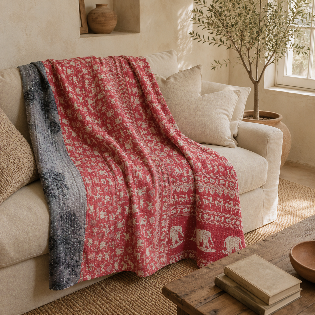 Stone Grey Vintage Kantha Quilt – Hand-Stitched Reversible Sari Throw, Twin | EBY-TW-256