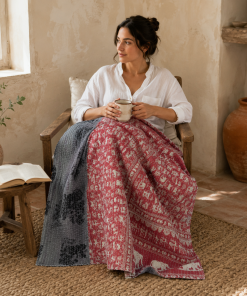 Alternative view of Stone Grey Vintage Kantha Quilt – Hand-Stitched Reversible Sari Throw, Twin | EBY-TW-256