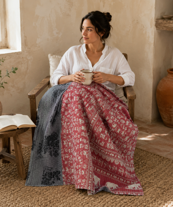 Alternative view of Stone Grey Vintage Kantha Quilt – Hand-Stitched Reversible Sari Throw, Twin | EBY-TW-256