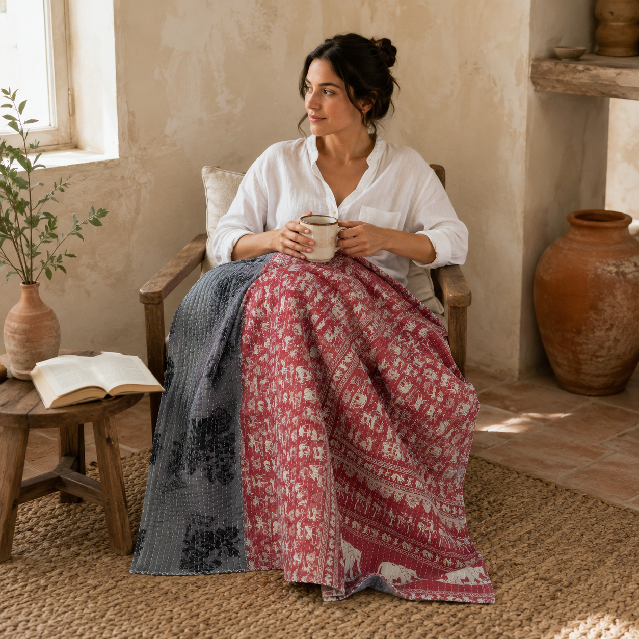 Stone Grey Vintage Kantha Quilt – Hand-Stitched Reversible Sari Throw, Twin | EBY-TW-256 - Image 2