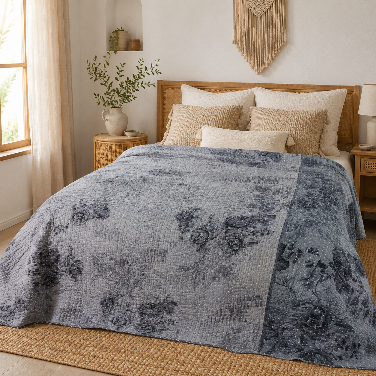 Stone Grey Vintage Kantha Quilt – Hand-Stitched Reversible Sari Throw, Twin | EBY-TW-256 - Image 3