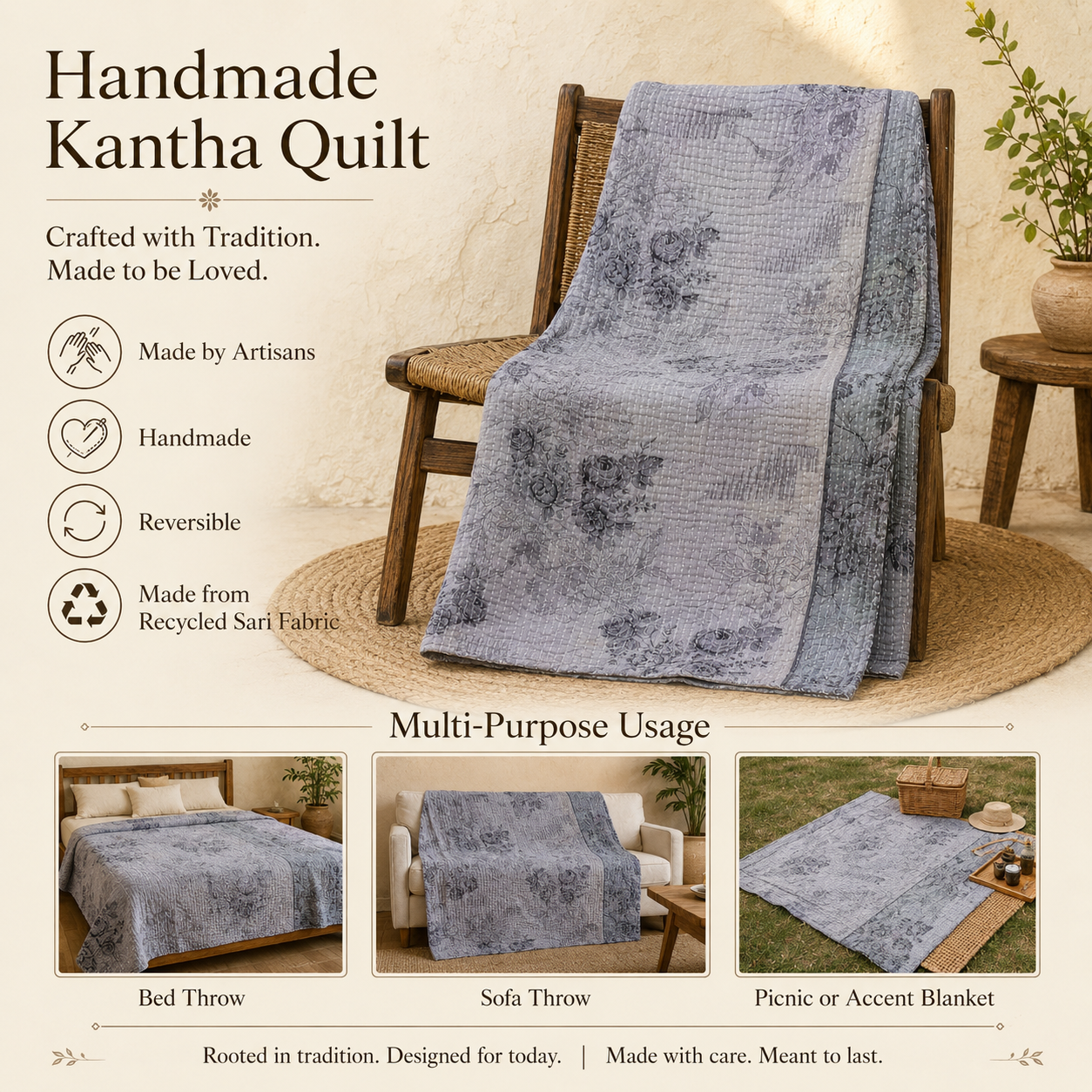 Stone Grey Vintage Kantha Quilt – Hand-Stitched Reversible Sari Throw, Twin | EBY-TW-256 - Image 4