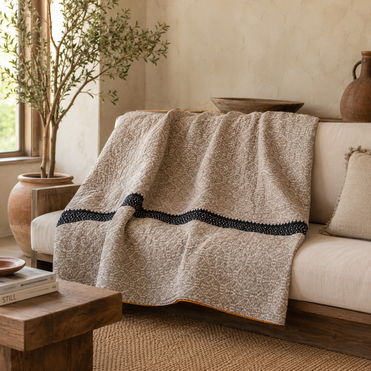 Navy Floral Bud Vintage Kantha Quilt – Hand-Stitched Reversible Sari Throw, Twin | EBY-TW-260
