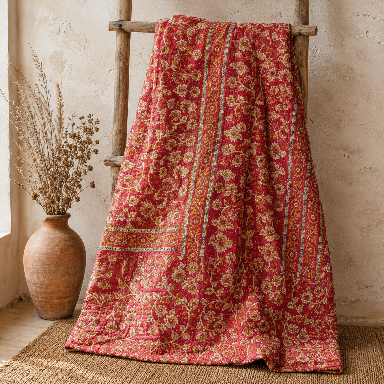 Saffron Floral Vintage Kantha Quilt – Hand-Stitched Reversible Sari Throw, Twin | EBY-TW-261 - Image 5
