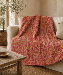 Saffron Floral Vintage Kantha Quilt – Hand-Stitched Reversible Sari Throw, Twin | EBY-TW-261